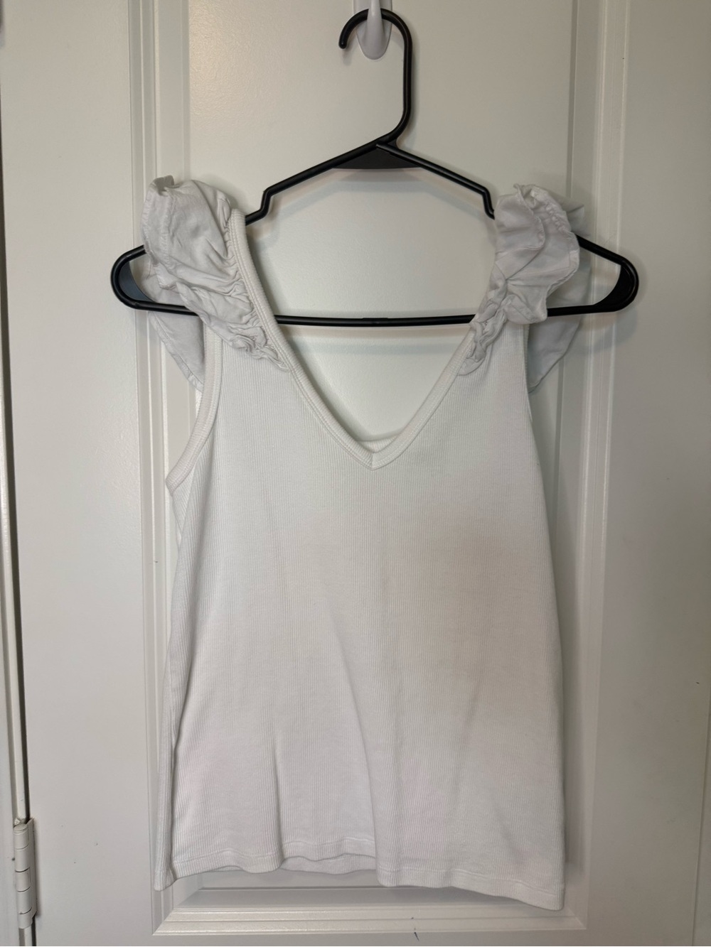 Old Navy White V-Neck Tank with Ruffle Shoulder Straps